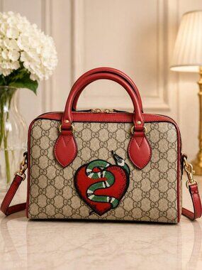 Authentic Gucci GG Supreme Tian Heart Snake Boston Bag Red Leather Crossbody